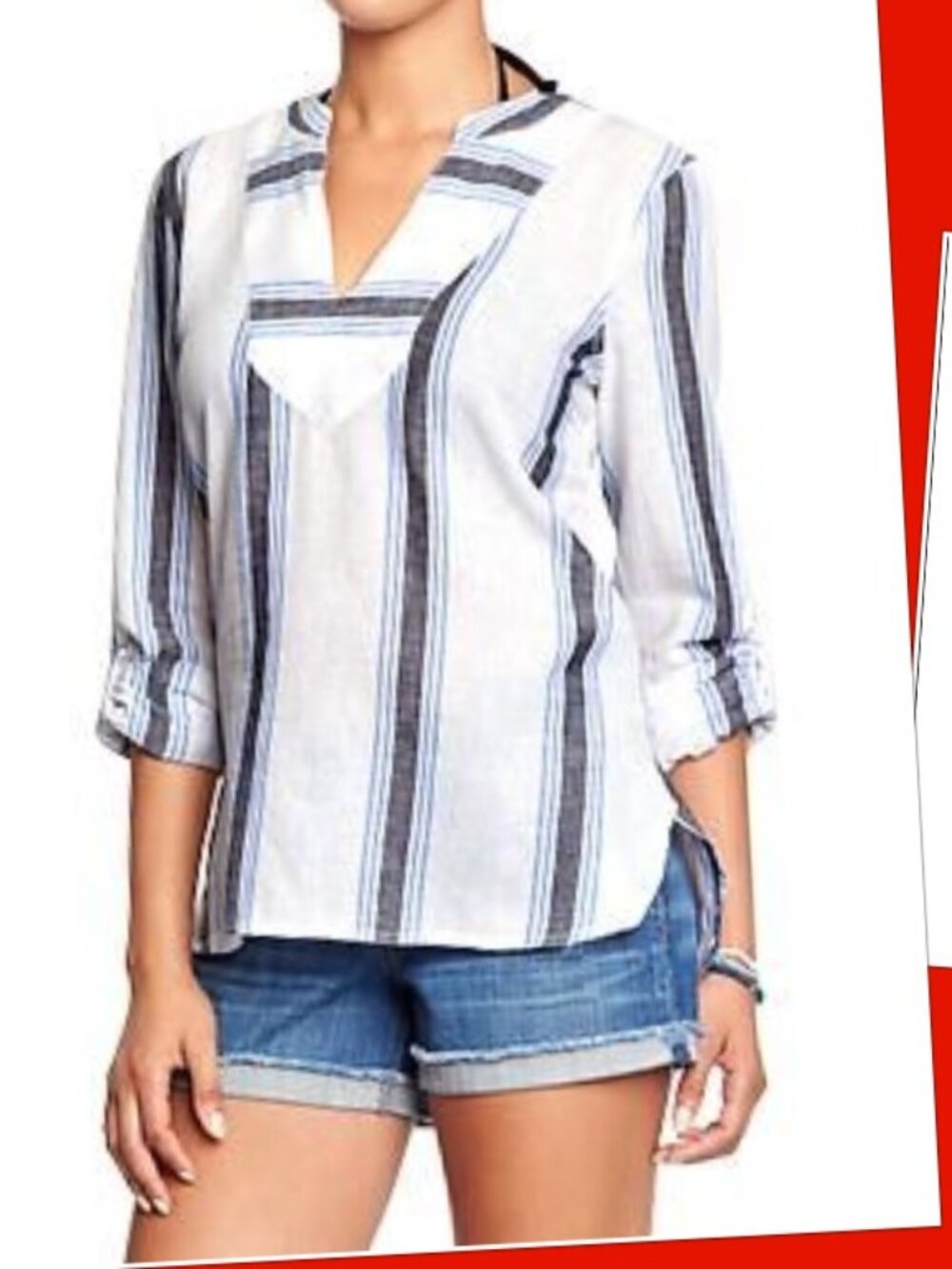 BAJA BEACH TUNIC Roll-tab sleeve Popover ~XS White Navy Stripe Linen -excellent!